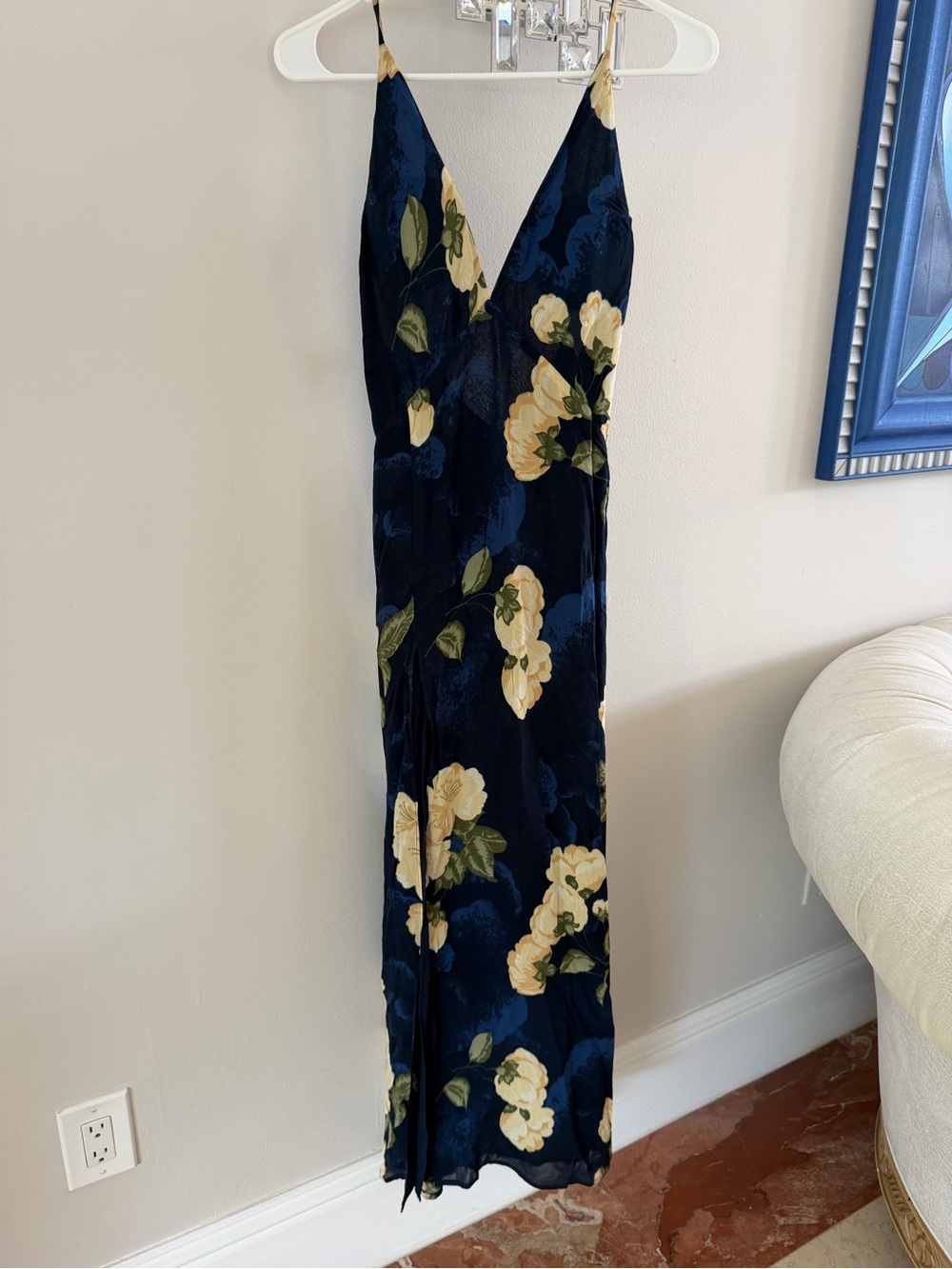 Reformation Navy Floral Maxi Dress Deep V High Slit Small